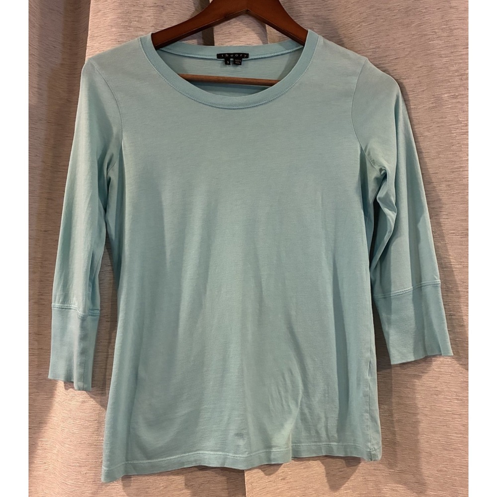 Theory Women Blue 3/4 Sleeve T-Shirt Size Small Cotton Crew Neck 41174546
